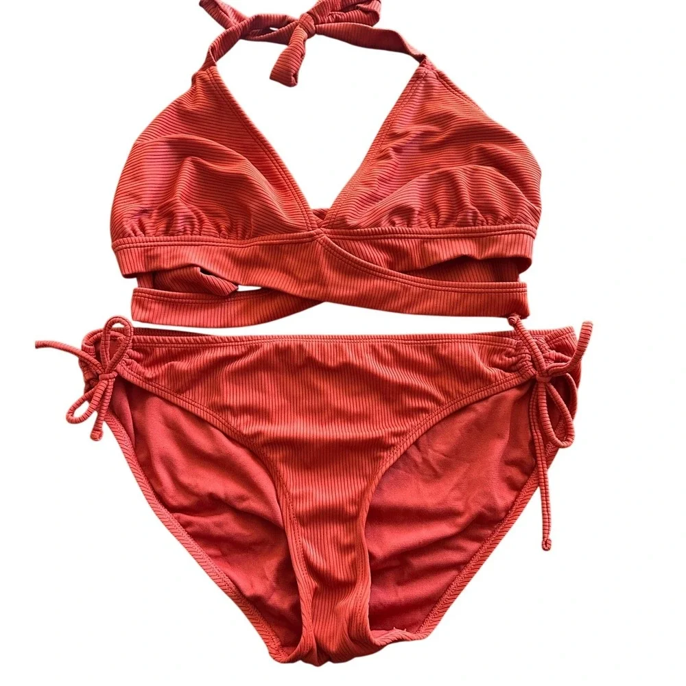 Time and Tru Ribbed Bikini Set Burnt Orange Large Top Medium Bottom 2 Piece Swim